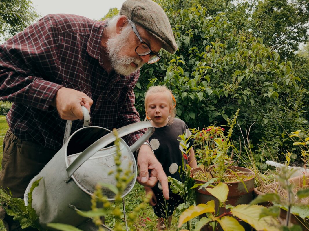 Grandfather and granddaughter watering plants